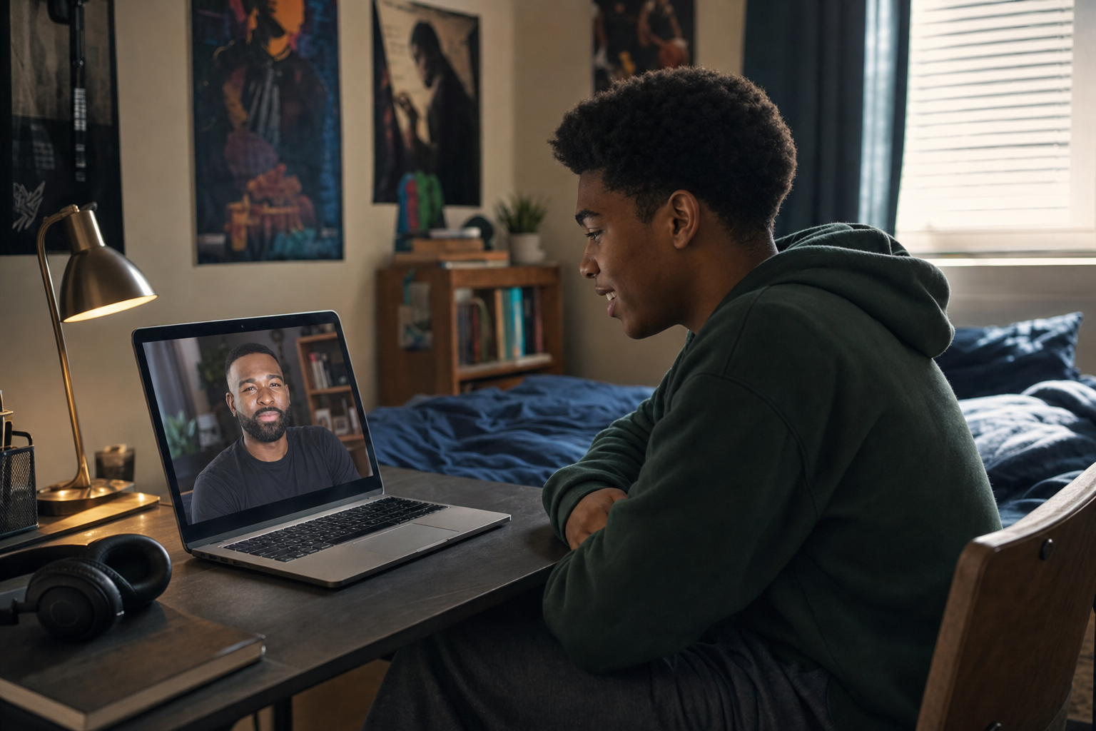 A young person having a one-on-one virtual conversation with an adult mentor